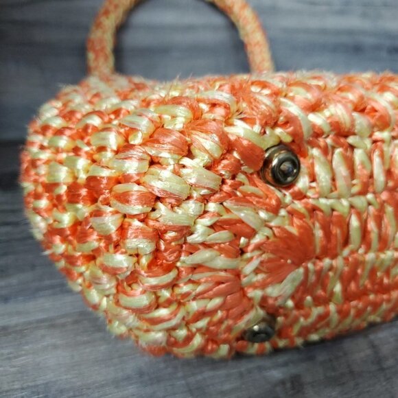 Vintage 1950s 1960s Orange And Yellow Crochet Raffia Handbag Purse - Picture 10 of 13